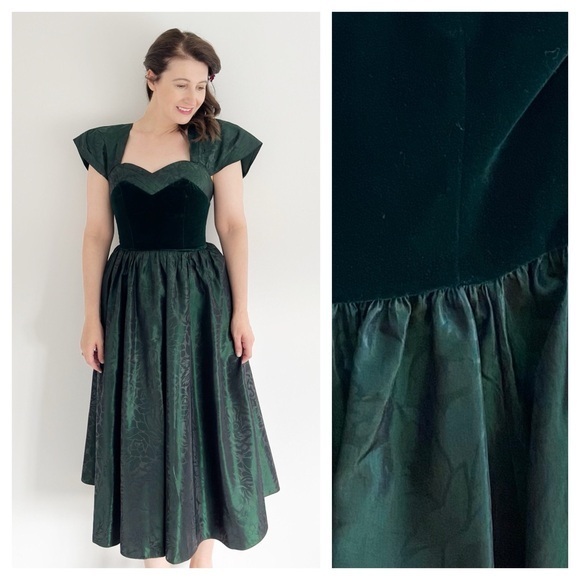 Laura Ashley Dresses & Skirts - Vintage Laura Ashley Green Velvet Floral Taffeta Midi Dress Gown 8